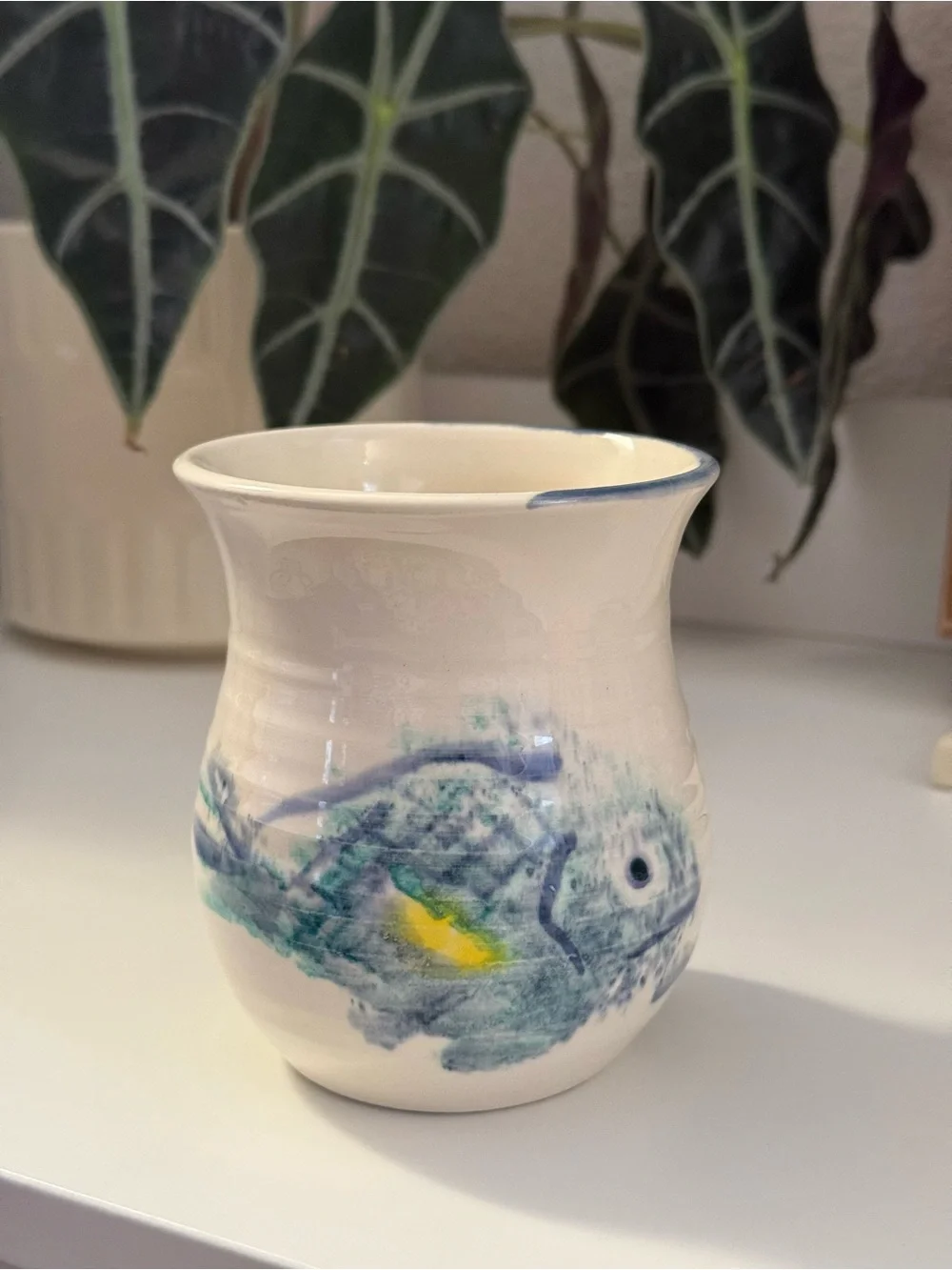 Hand-Painted Studio Pottery Fish Vase in Cream and Blue